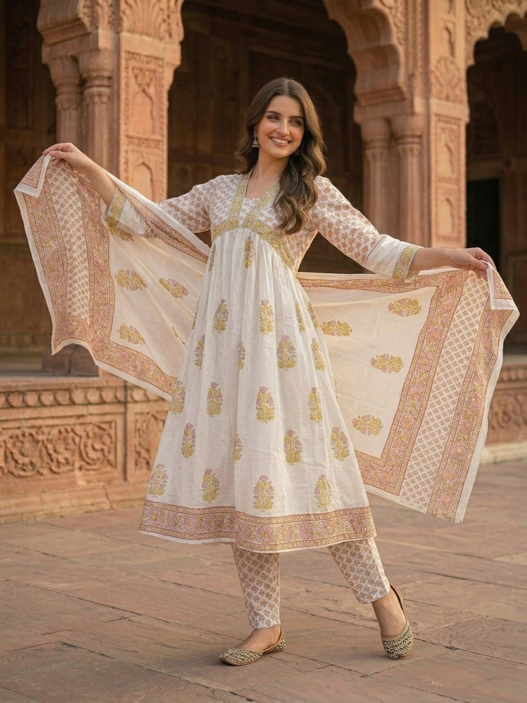 Mughal Print Empire Cut Cotton Kurta Set with Pant & Voile Dupatta - Peach