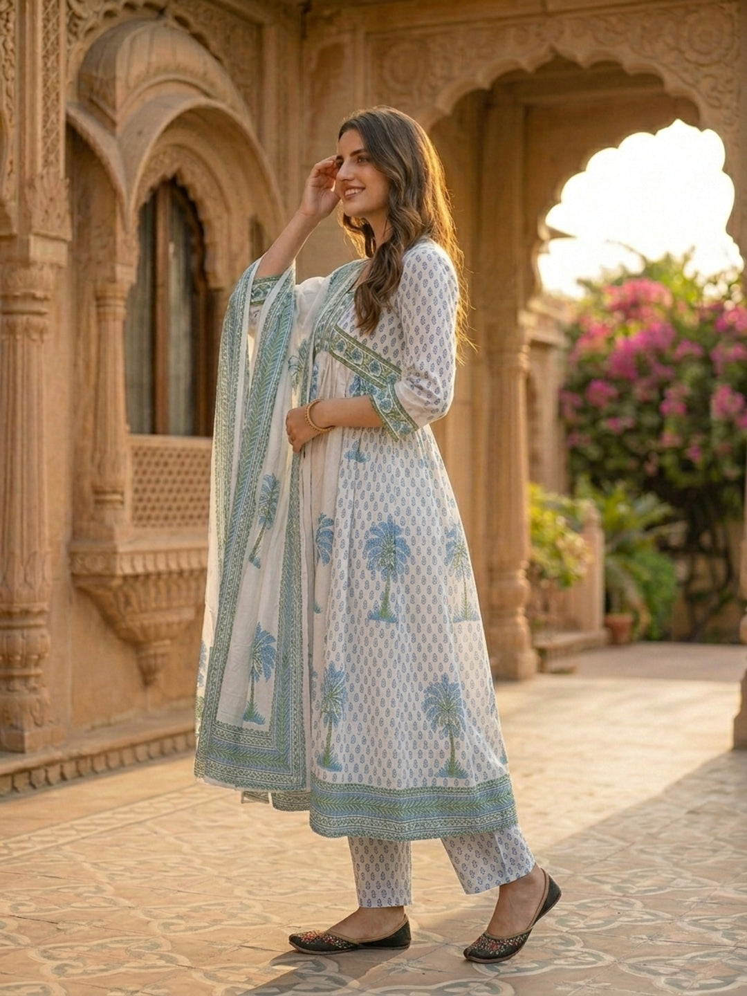 Mughal Ethnic Printed Mirror Work A-Line Kurta with Trouser & Dupatta - Blue & White