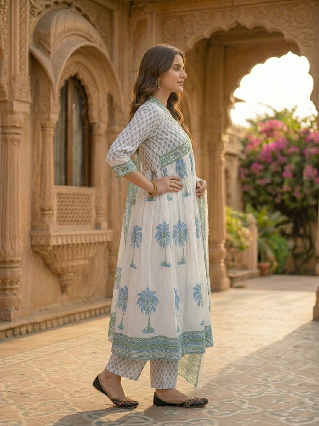 Mughal Ethnic Printed Mirror Work A-Line Kurta with Trouser & Dupatta - Blue & White