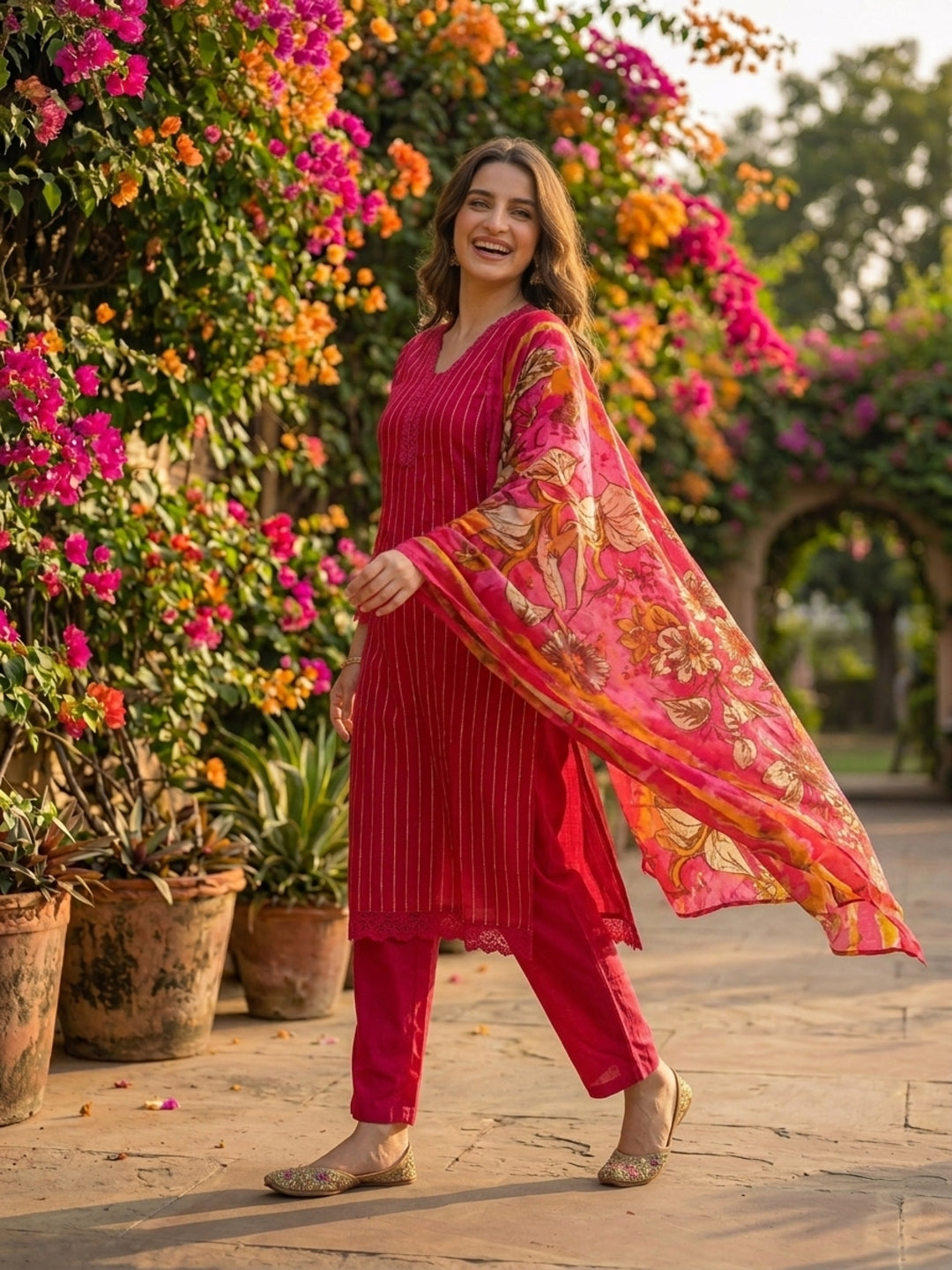 Stripes Printed Straight Kurta with Pant & Dupatta - Maroon