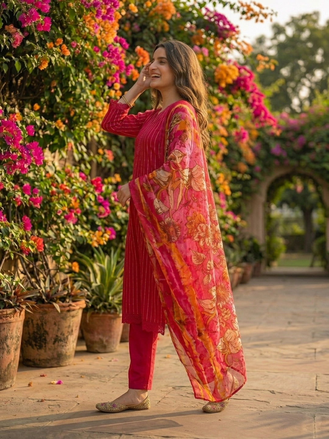 Stripes Printed Straight Kurta with Pant & Dupatta - Maroon