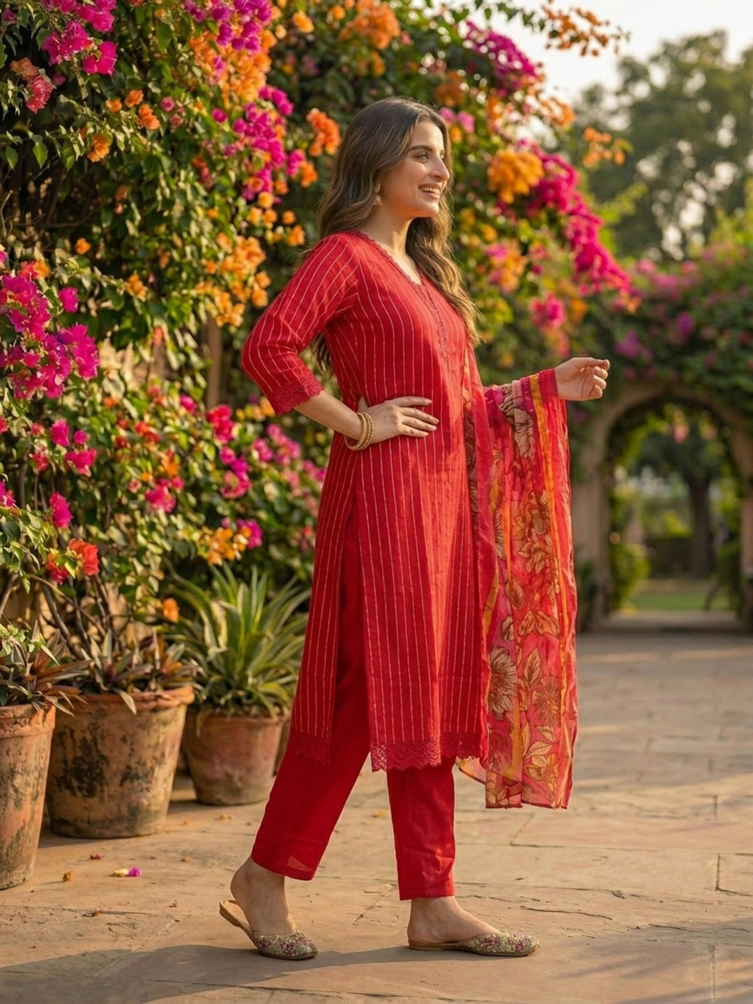 Stripes Printed Straight Kurta with Pant & Dupatta - Maroon
