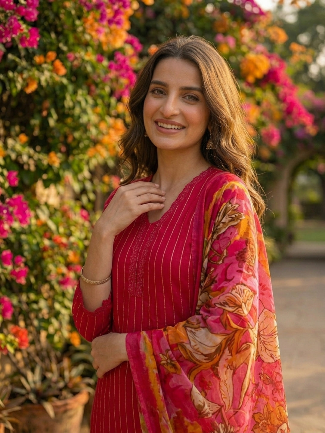 Stripes Printed Straight Kurta with Pant & Dupatta - Maroon