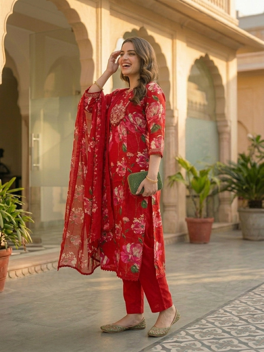 Floral Printed & Embroidered Anarkali Kurta with Pant & Dupatta - Red