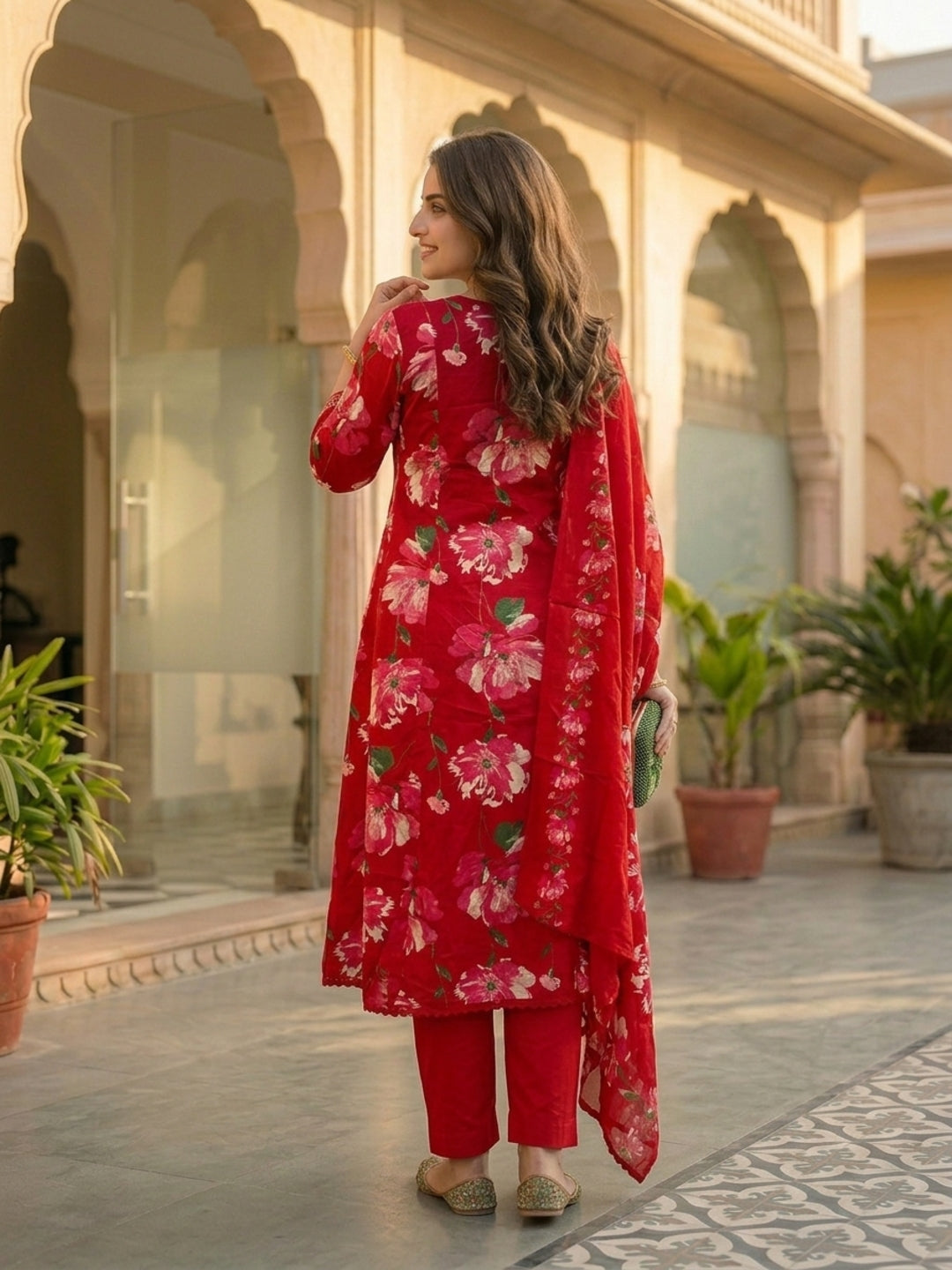 Floral Printed & Embroidered Anarkali Kurta with Pant & Dupatta - Red