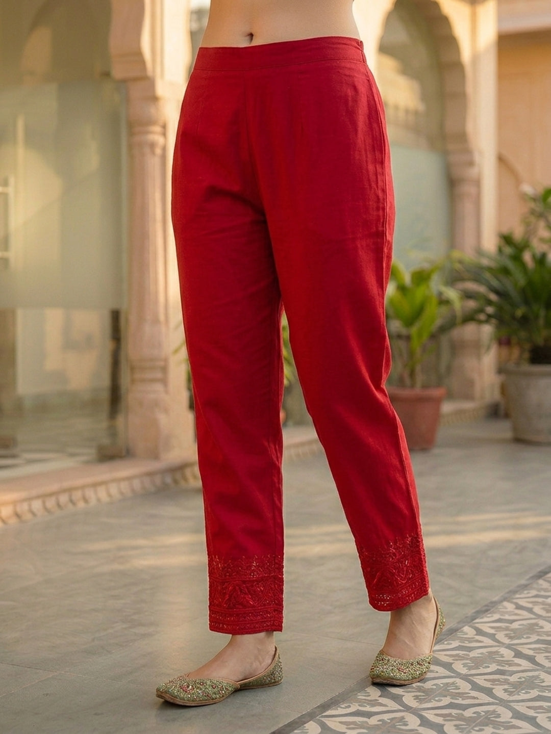 Floral Printed & Embroidered Anarkali Kurta with Pant & Dupatta - Red