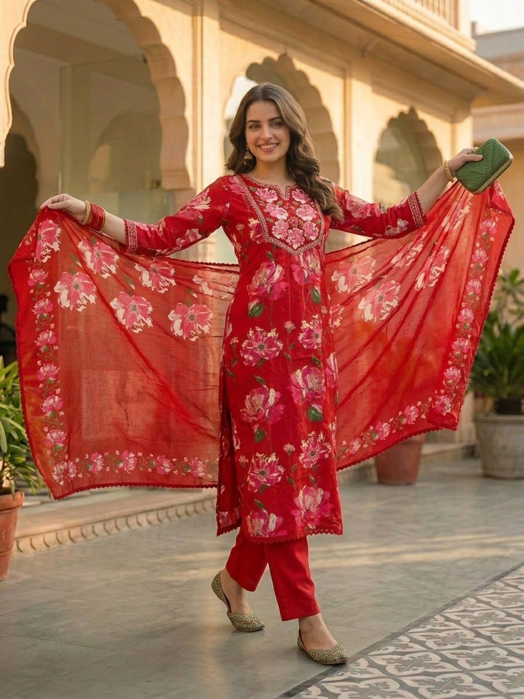 Floral Printed & Embroidered Anarkali Kurta with Pant & Dupatta - Red