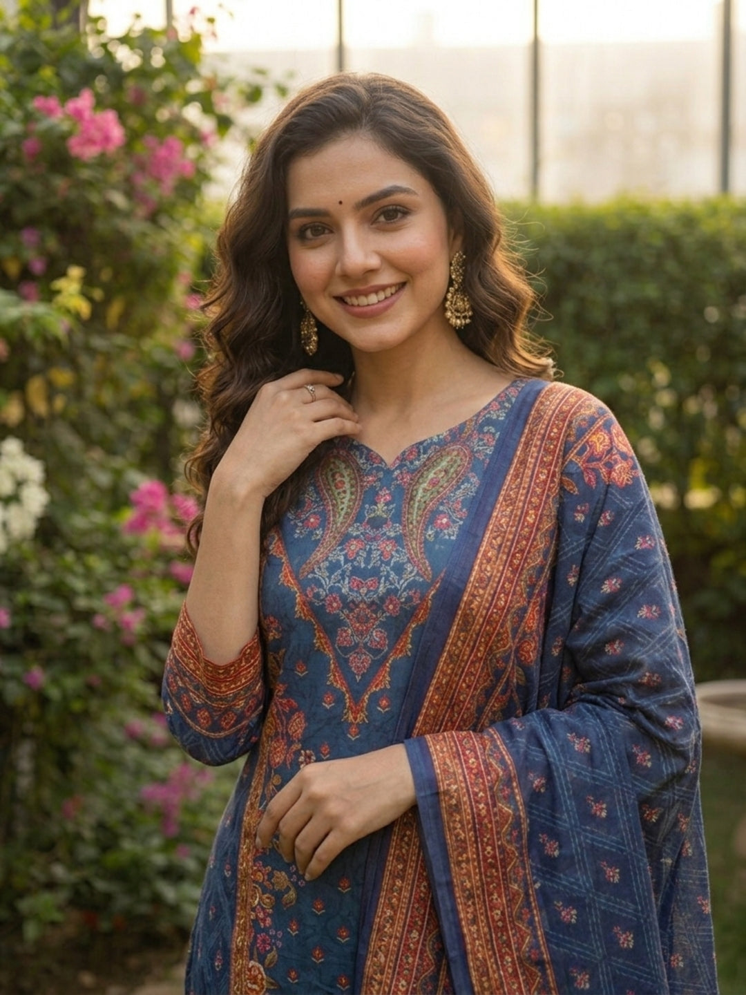 Ethnic Floral Printed Straight Kurta with Pant & Dupatta - Blue
