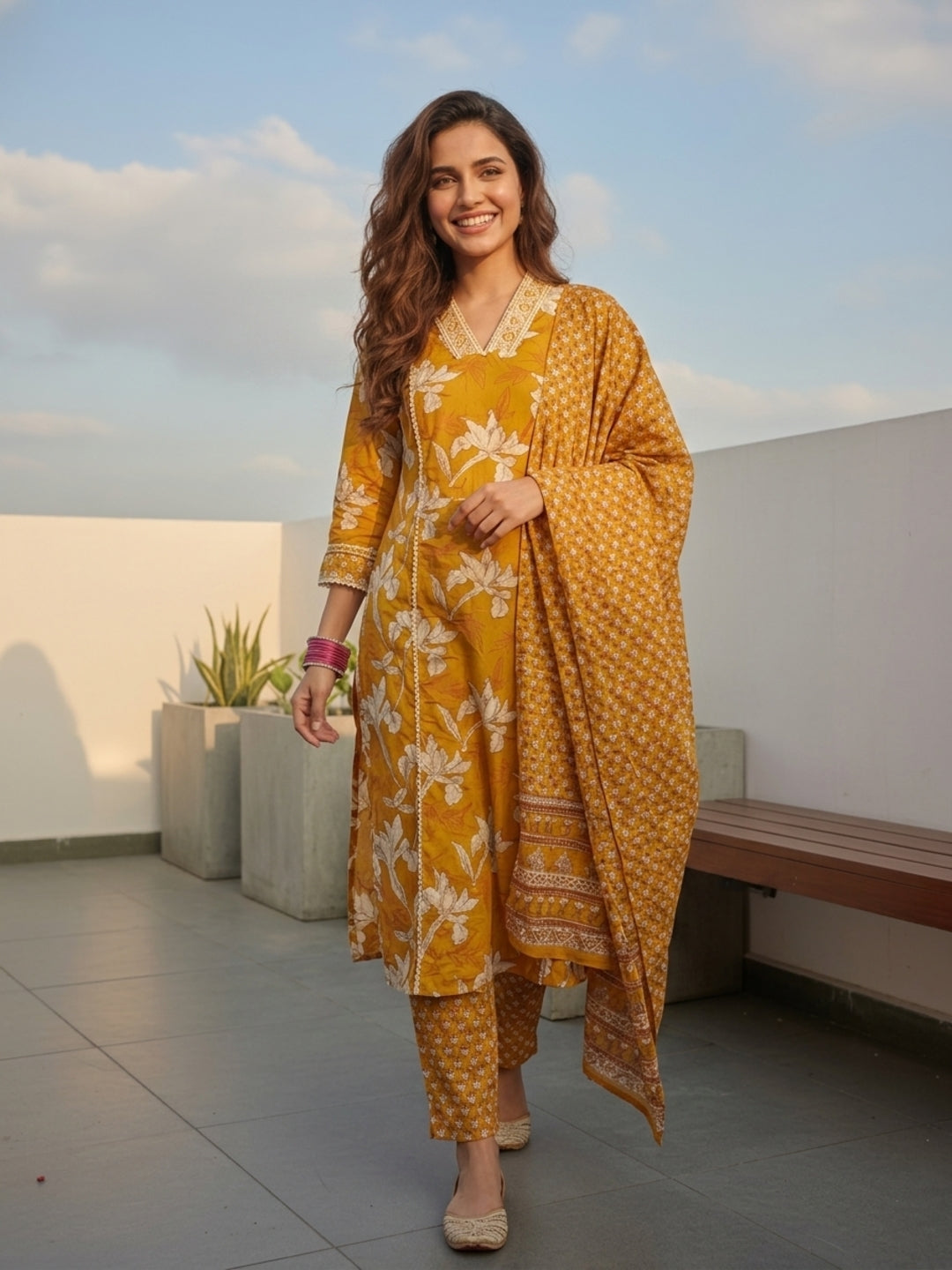 Floral Printed & Embroidered Straight Kurta with Pant & Dupatta - Yellow