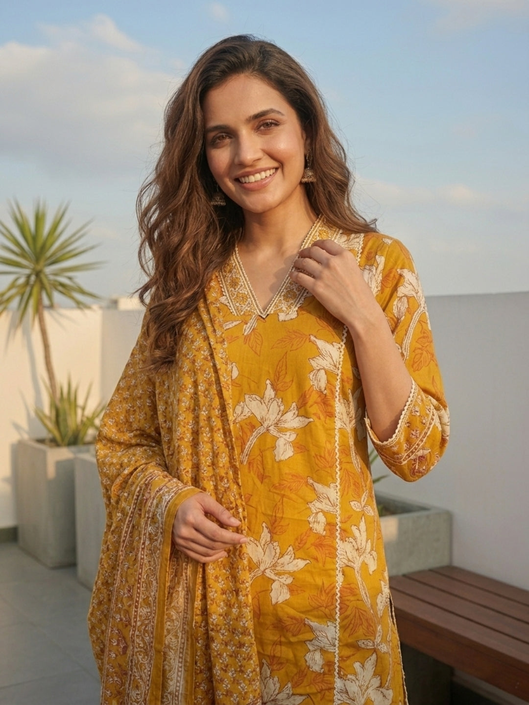 Floral Printed & Embroidered Straight Kurta with Pant & Dupatta - Yellow