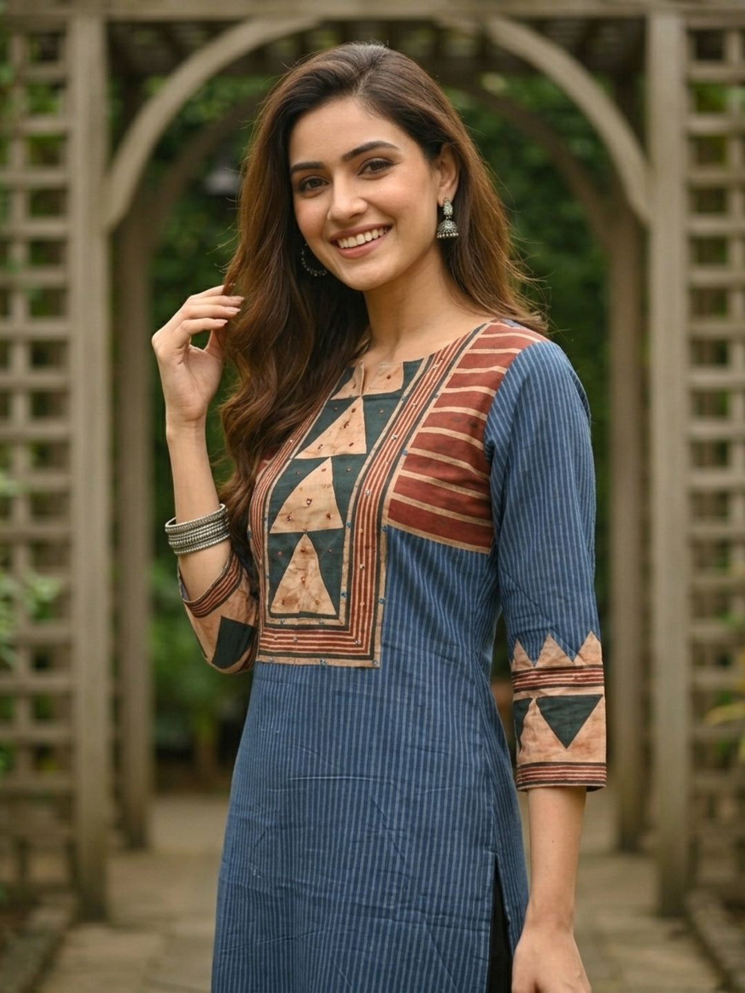 Geometric Printed Mirror Work & Sequin Straight Kurta - Blue