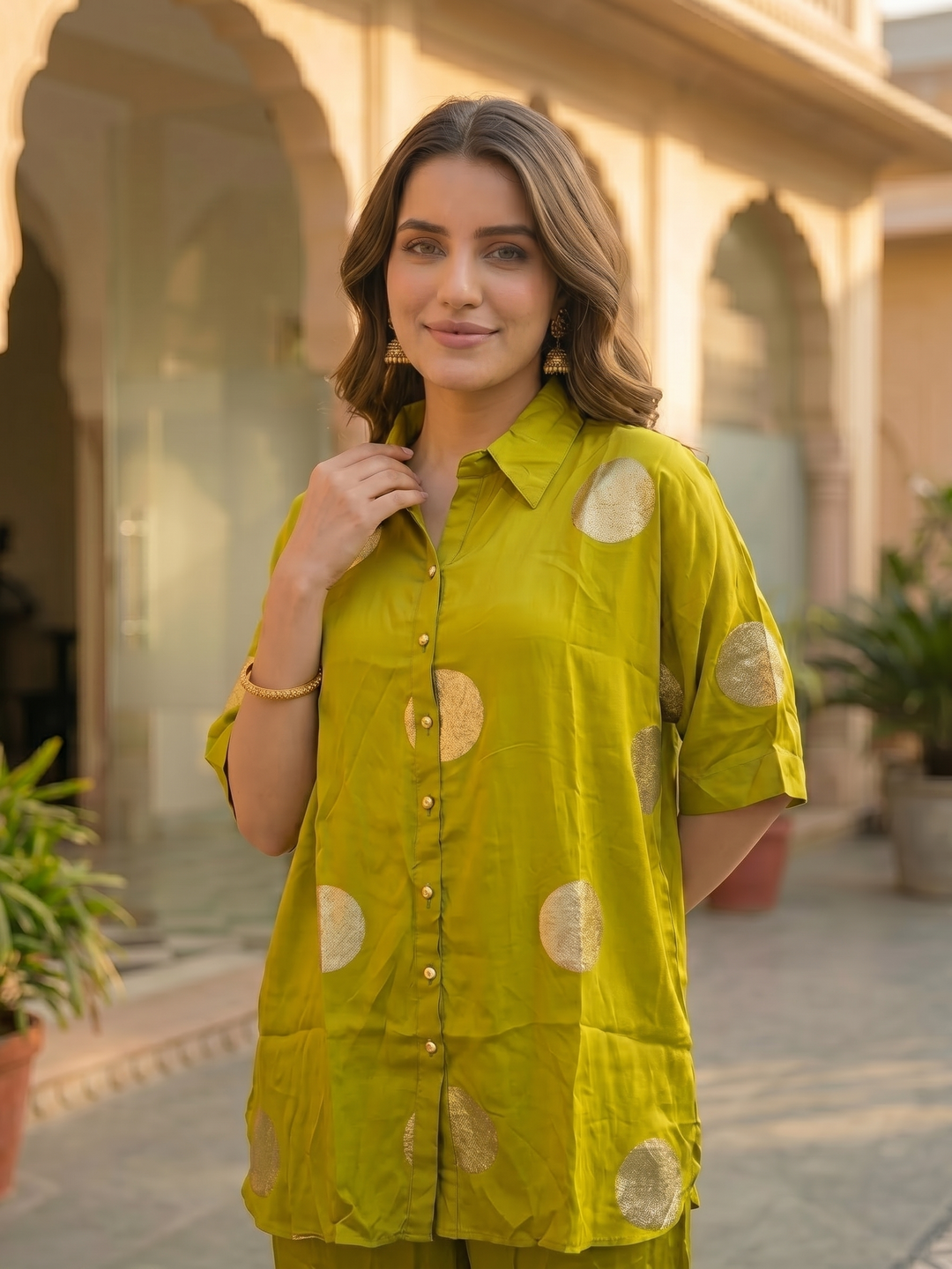 Lime Green Brocade Polka Woven Shirt Collar Kurta Co-ord Set with Wide-Leg Pant