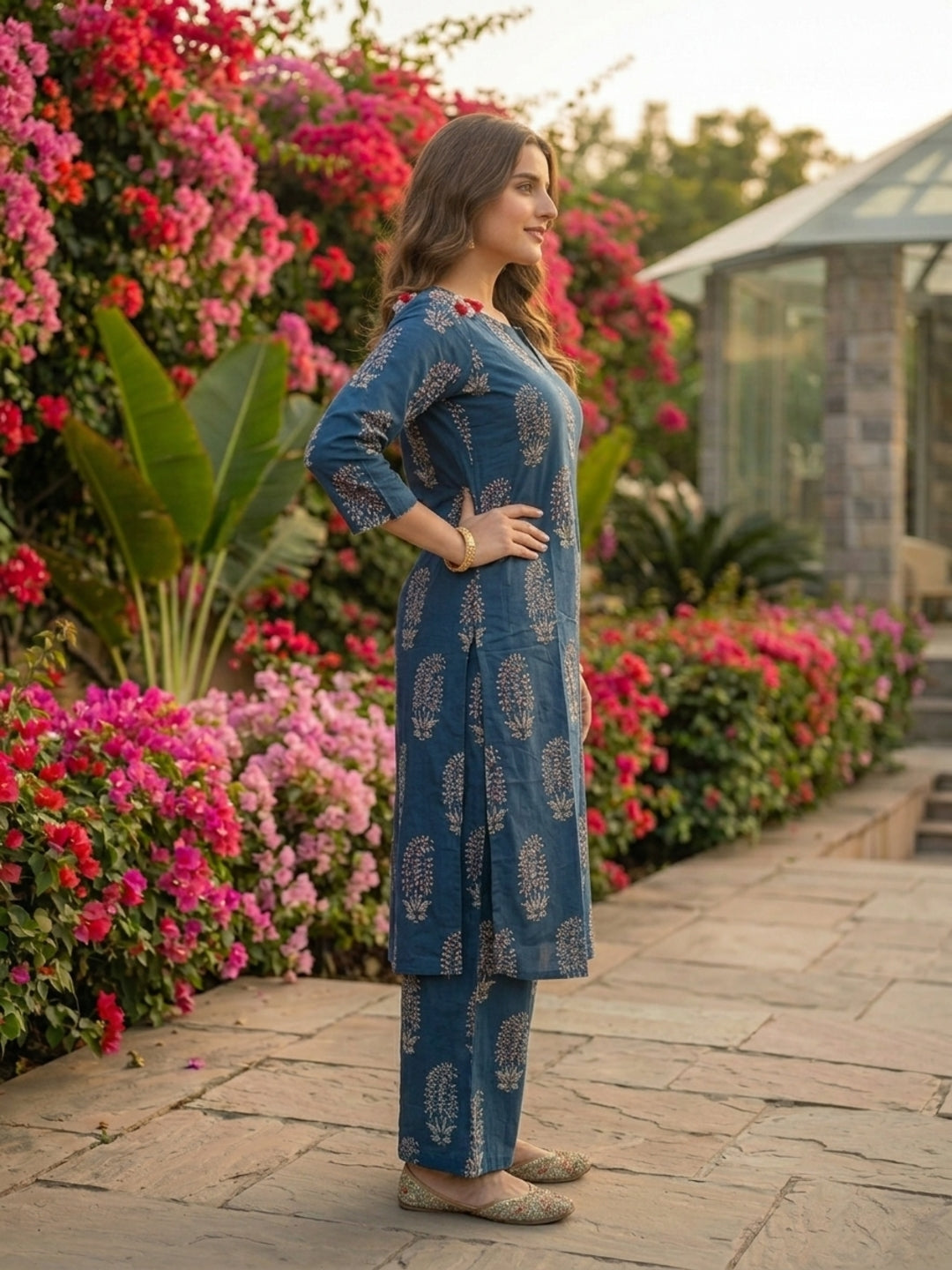 Ethnic Printed Straight Kurta with Wide-Leg Pant Co-ord Set - Blue