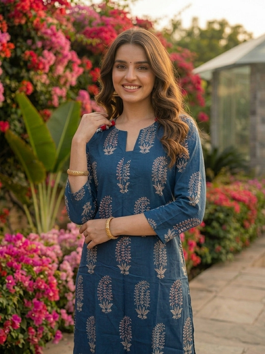 Ethnic Printed Straight Kurta with Wide-Leg Pant Co-ord Set - Blue