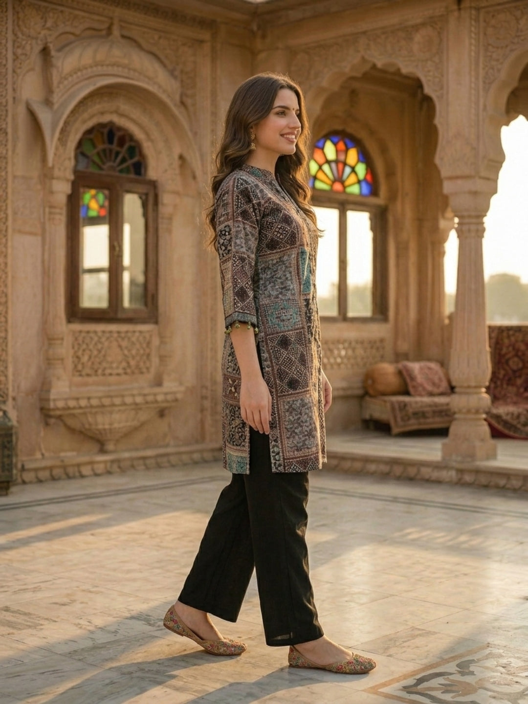 Ethnic Floral Printed & Sequin Work Straight Kurta with Pant - Multi