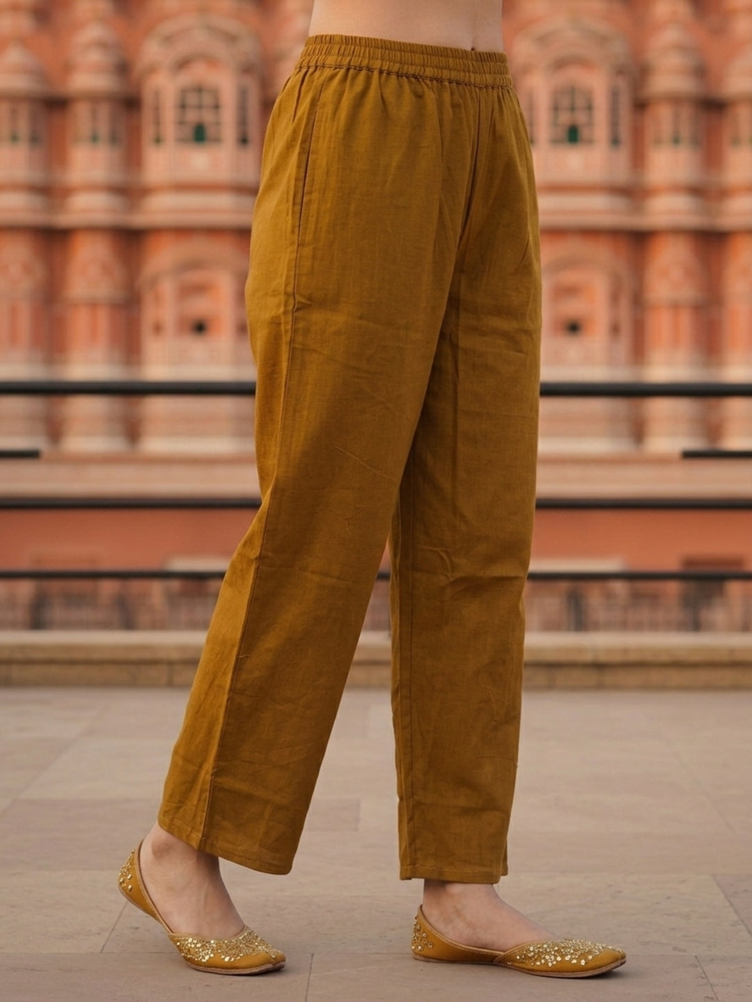 Solid Placement Embroidered A-Line Kurta with Palazzo - Mustard