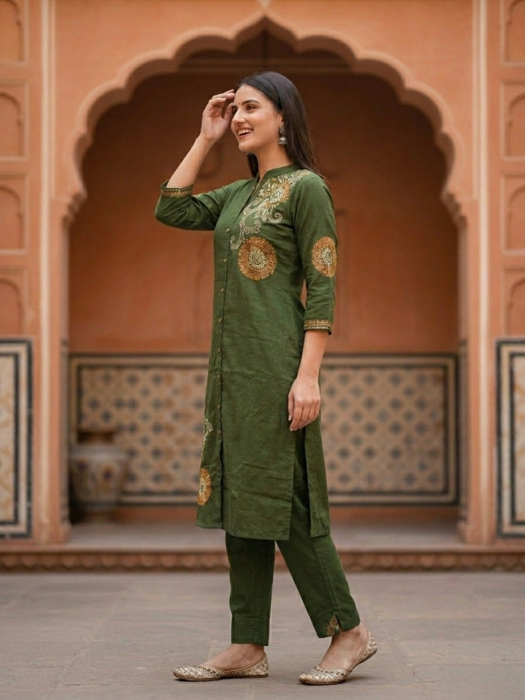 Solid Abstract Embroidered A-Line Kurta with Palazzo - Olive