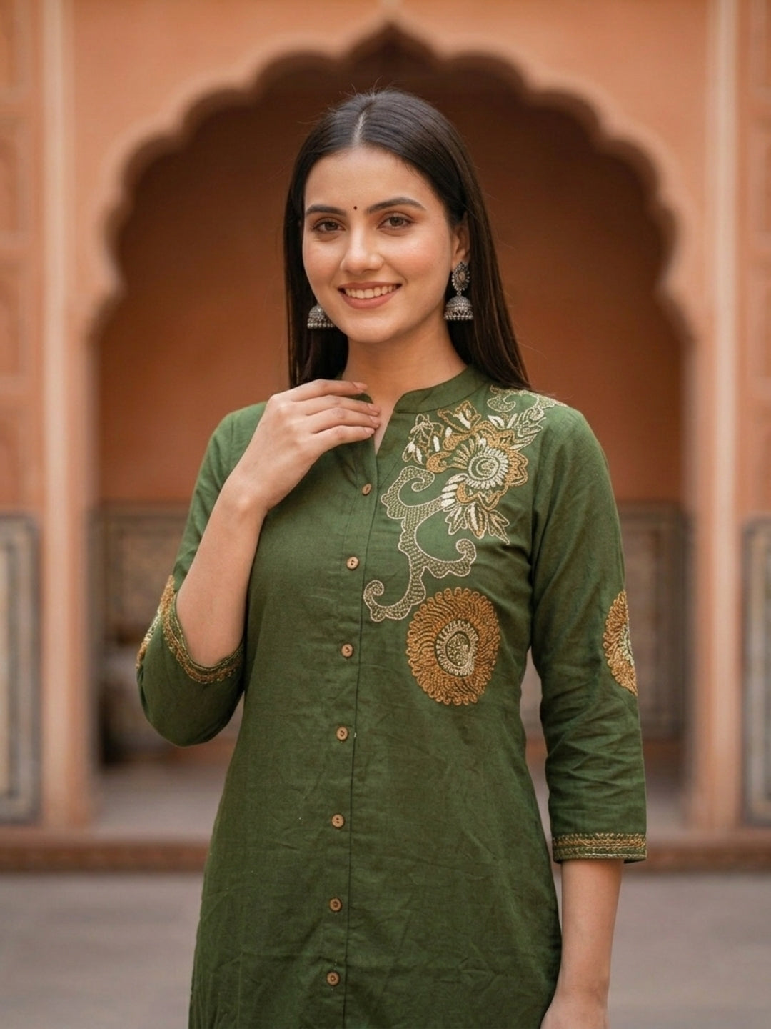 Solid Abstract Embroidered A-Line Kurta with Palazzo - Olive
