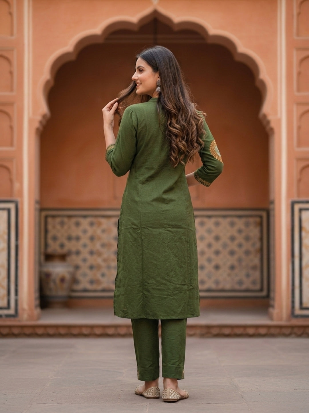 Solid Abstract Embroidered A-Line Kurta with Palazzo - Olive