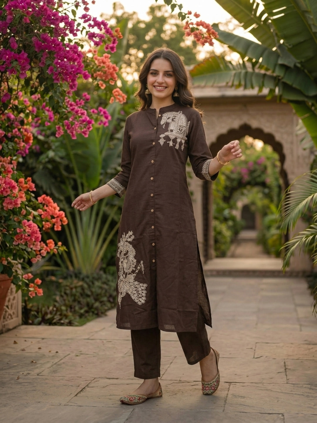 Solid Placement Embroidered A-Line Kurta with Palazzo - Brown