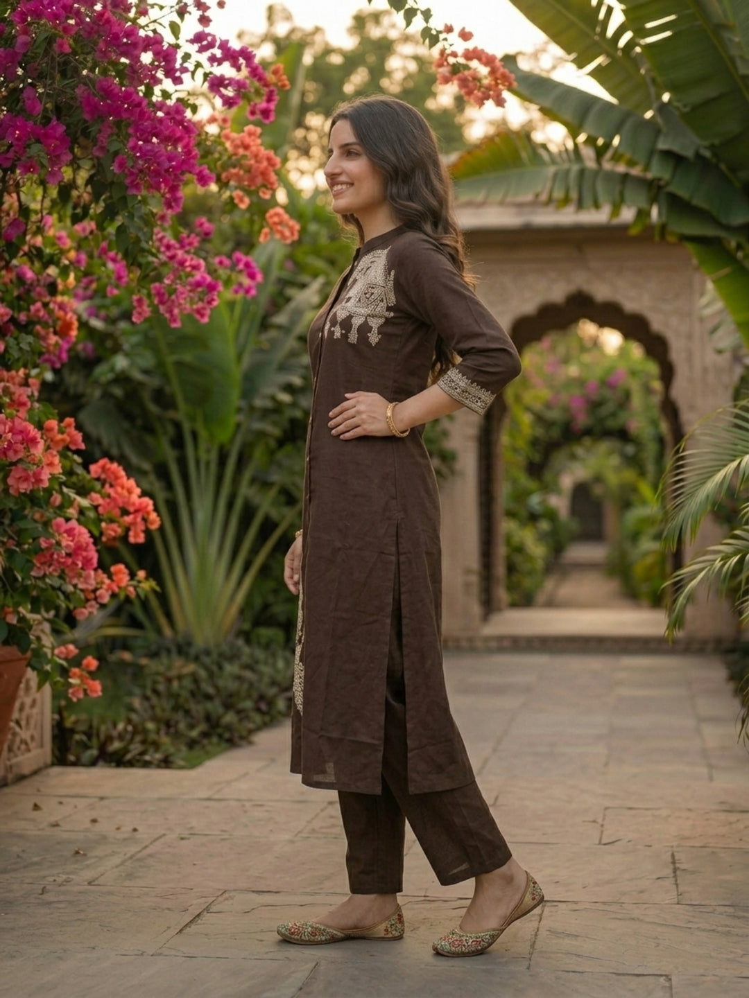 Solid Placement Embroidered A-Line Kurta with Palazzo - Brown
