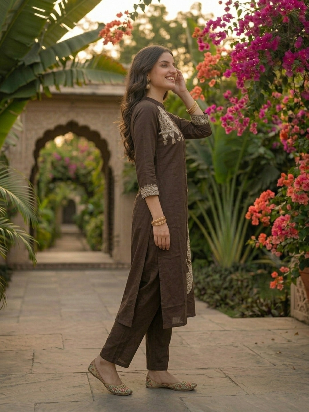 Solid Placement Embroidered A-Line Kurta with Palazzo - Brown