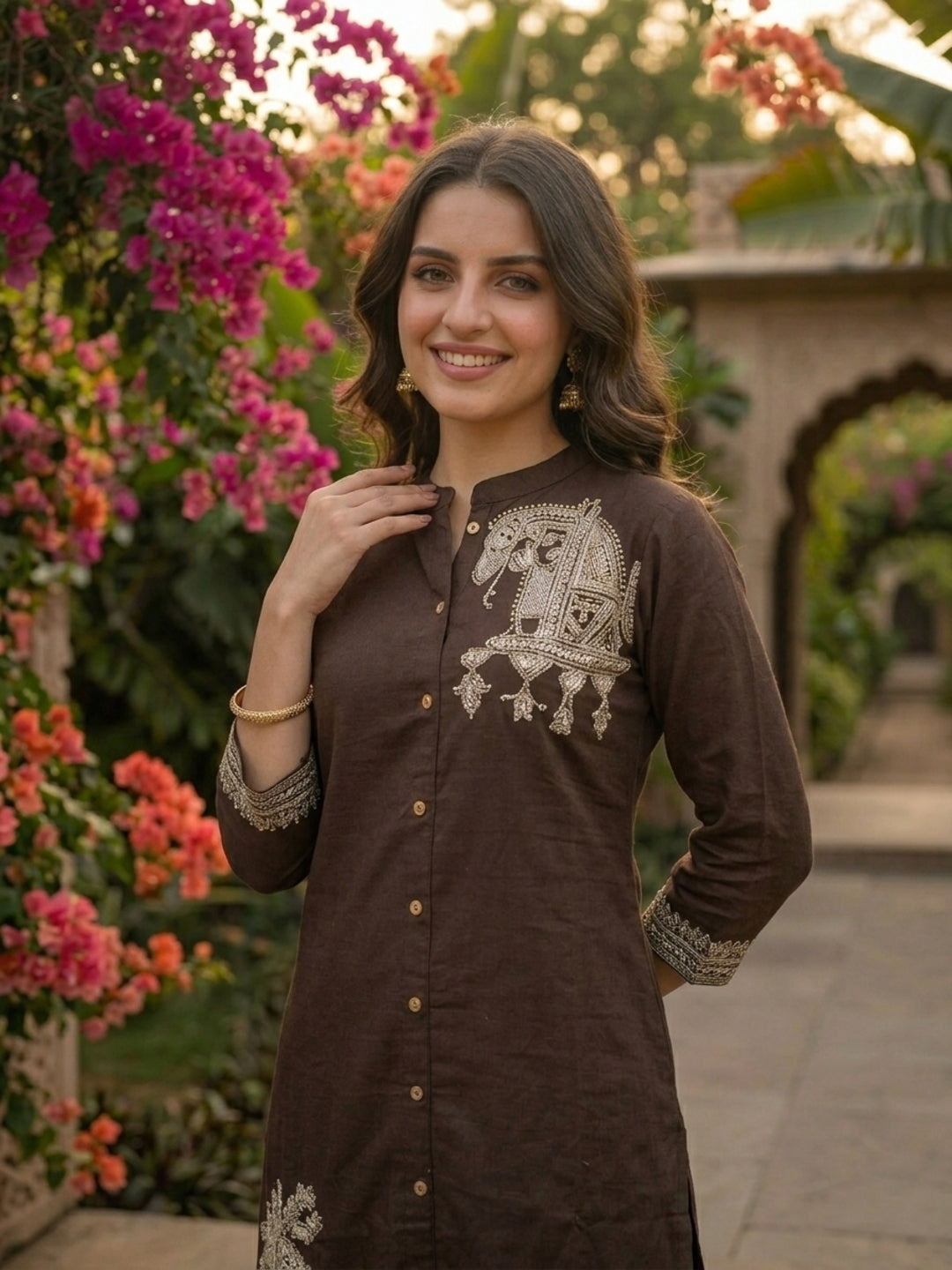 Solid Placement Embroidered A-Line Kurta with Palazzo - Brown
