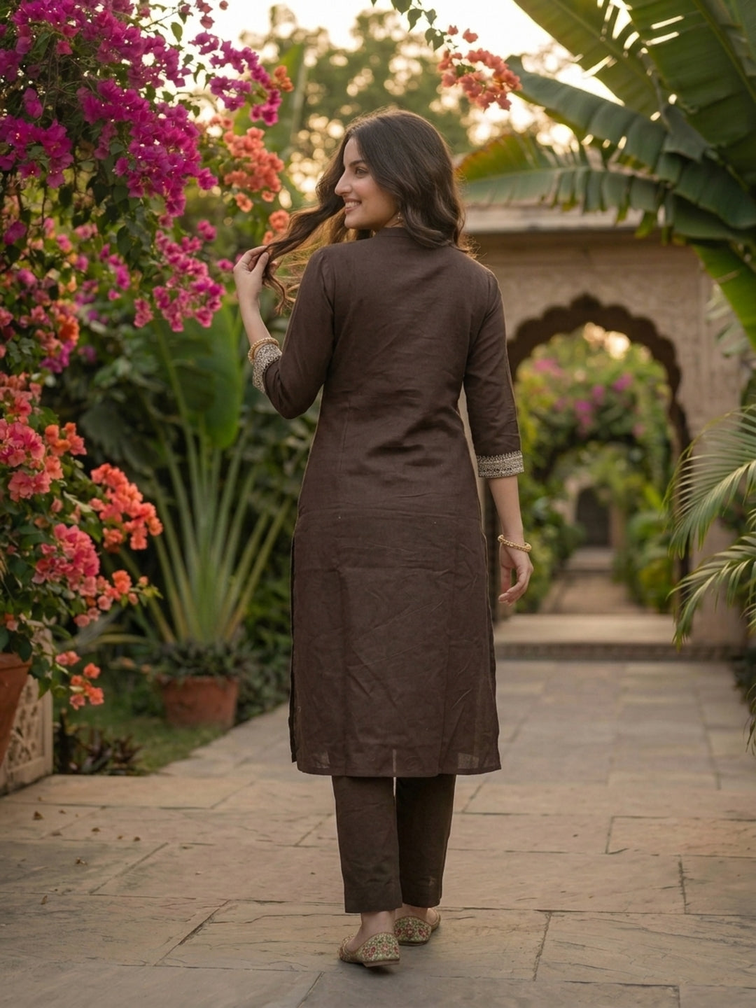 Solid Placement Embroidered A-Line Kurta with Palazzo - Brown