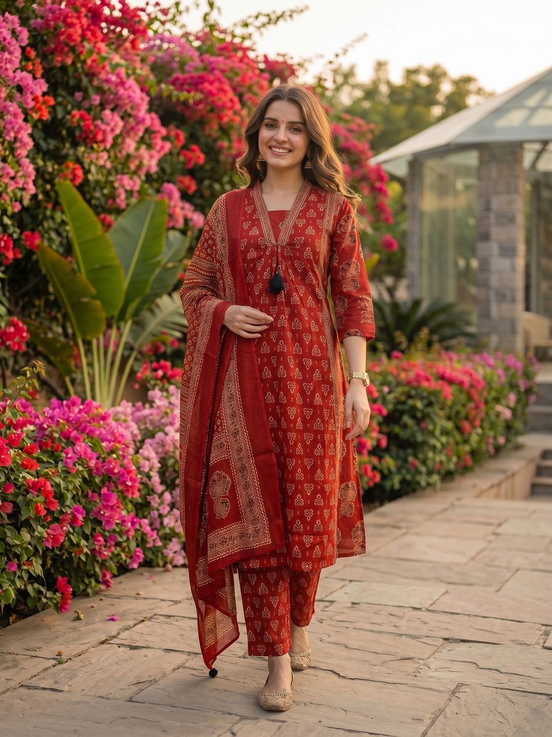 Ethnic Bagru Printed Sequin A-Line Kurta with Palazzo & Dupatta - Maroon