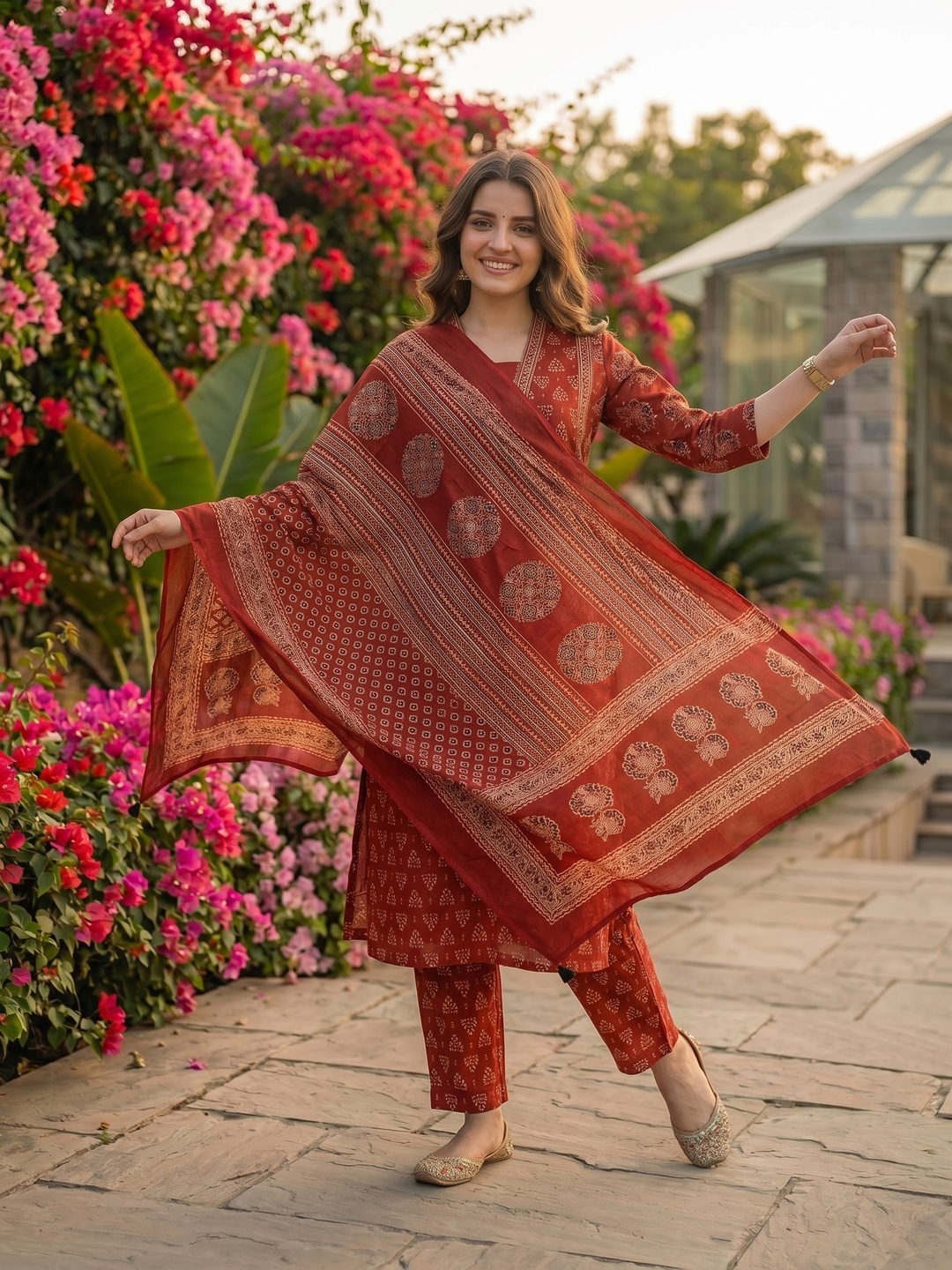 Ethnic Bagru Printed Sequin A-Line Kurta with Palazzo & Dupatta - Maroon