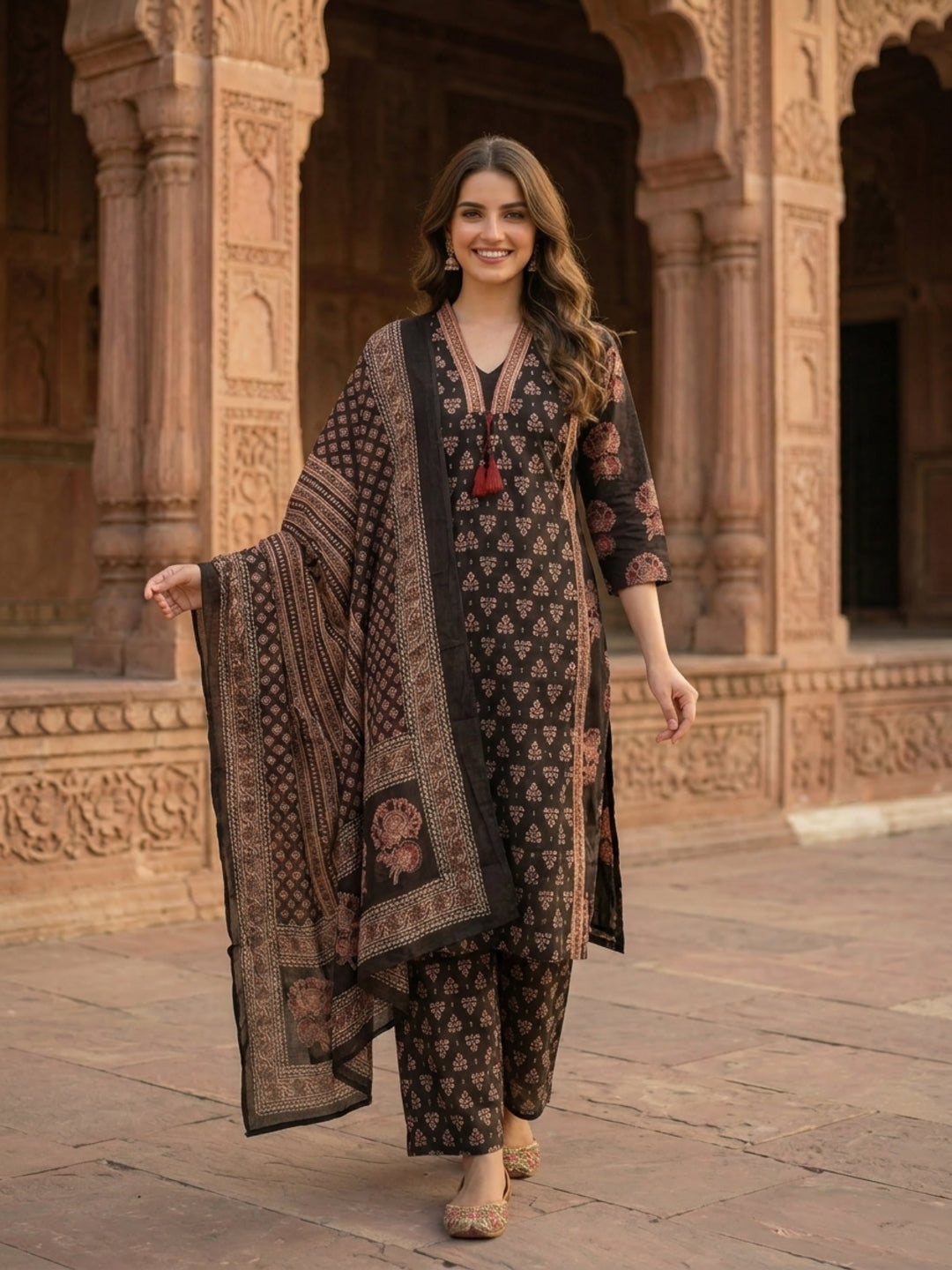 Ethnic Bagru Printed Sequin A-Line Kurta with Palazzo & Dupatta - Black