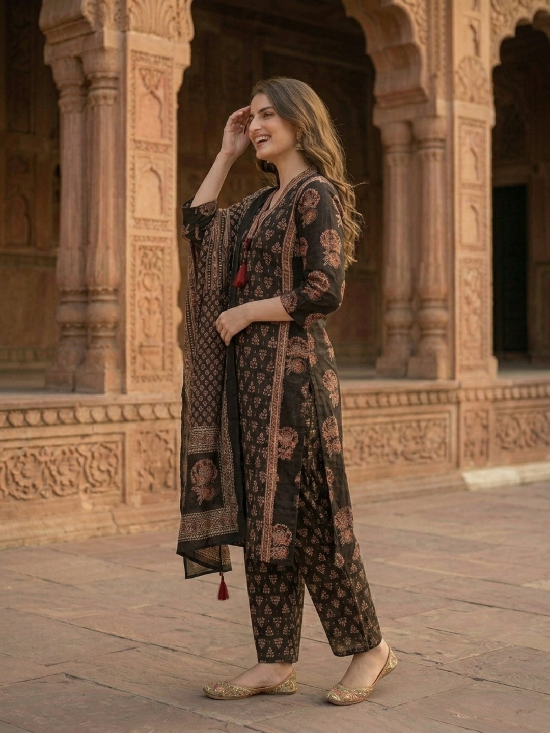 Ethnic Bagru Printed Sequin A-Line Kurta with Palazzo & Dupatta - Black
