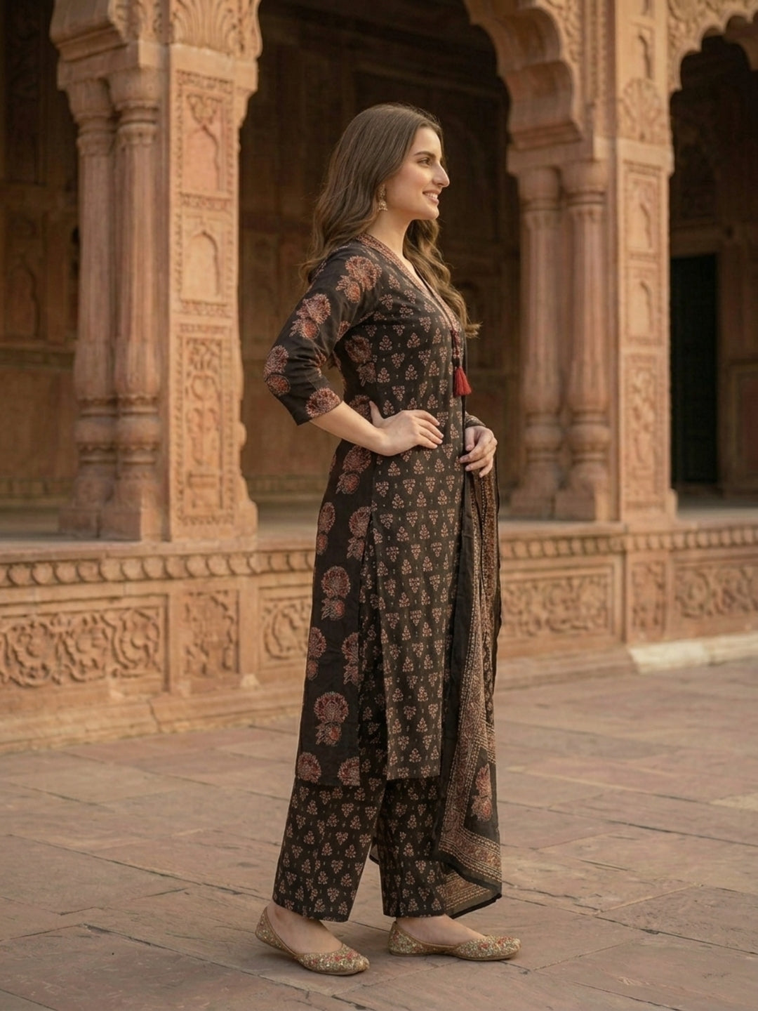 Ethnic Bagru Printed Sequin A-Line Kurta with Palazzo & Dupatta - Black