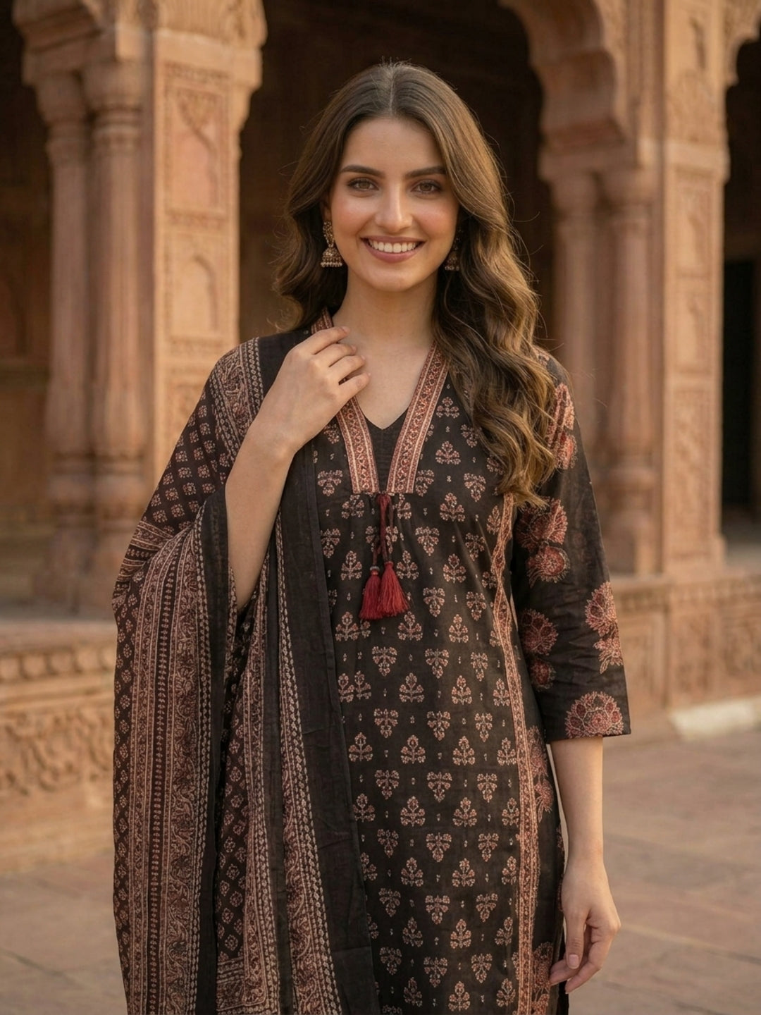 Ethnic Bagru Printed Sequin A-Line Kurta with Palazzo & Dupatta - Black