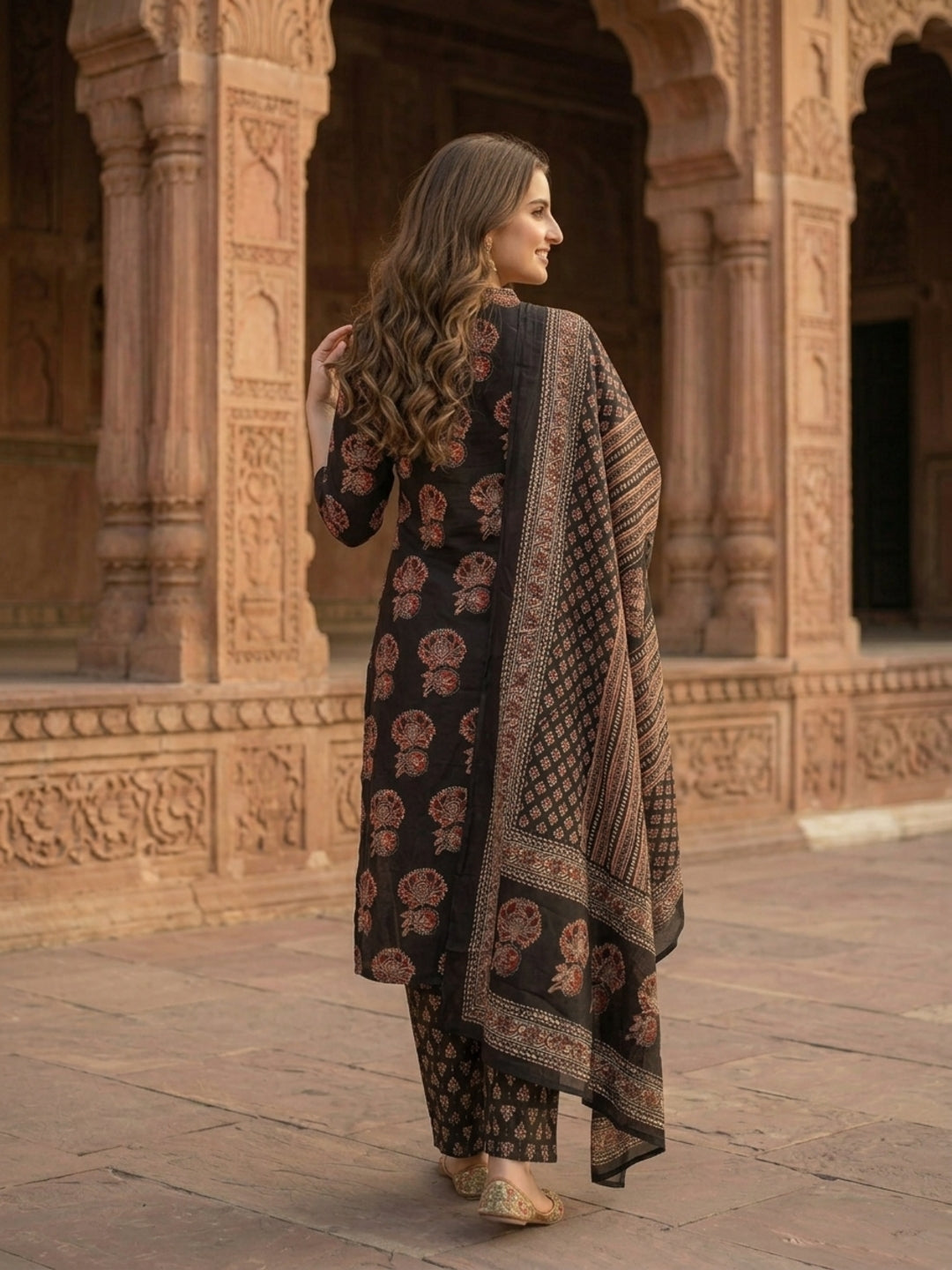 Ethnic Bagru Printed Sequin A-Line Kurta with Palazzo & Dupatta - Black