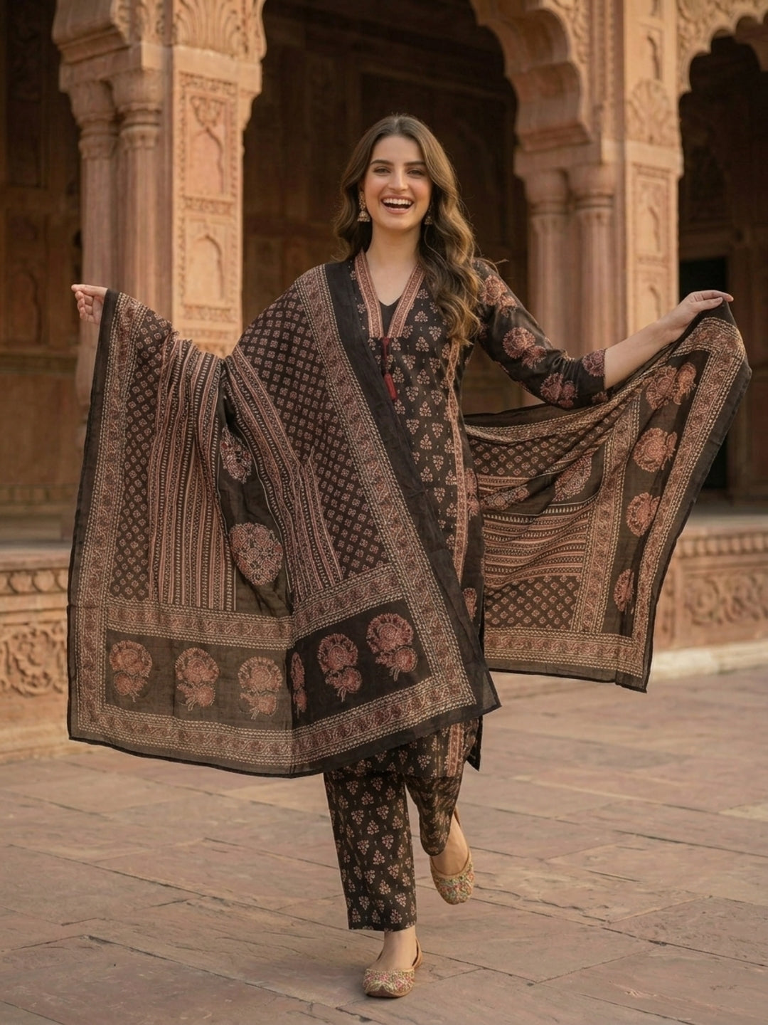 Ethnic Bagru Printed Sequin A-Line Kurta with Palazzo & Dupatta - Black