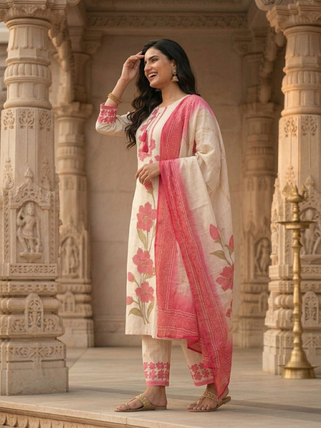 Floral Printed & Sequin Work Straight Kurta with Pant & Dupatta - Cream