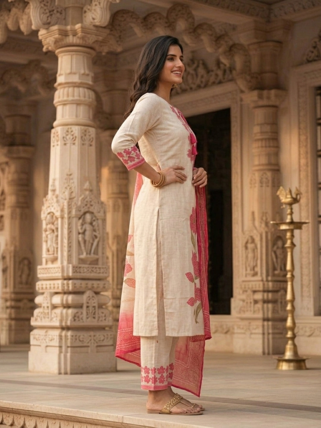 Floral Printed & Sequin Work Straight Kurta with Pant & Dupatta - Cream