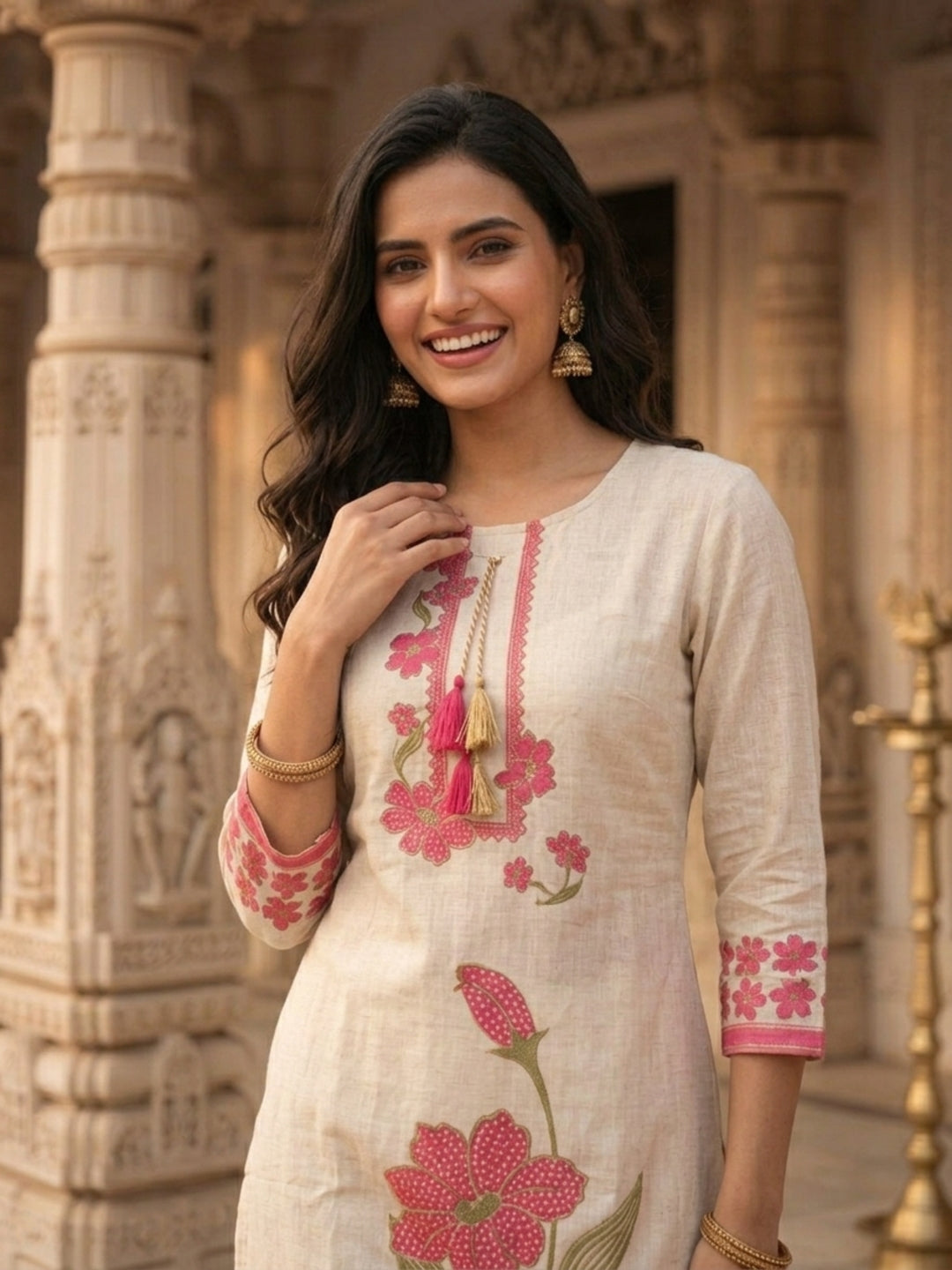 Floral Printed & Sequin Work Straight Kurta with Pant & Dupatta - Cream