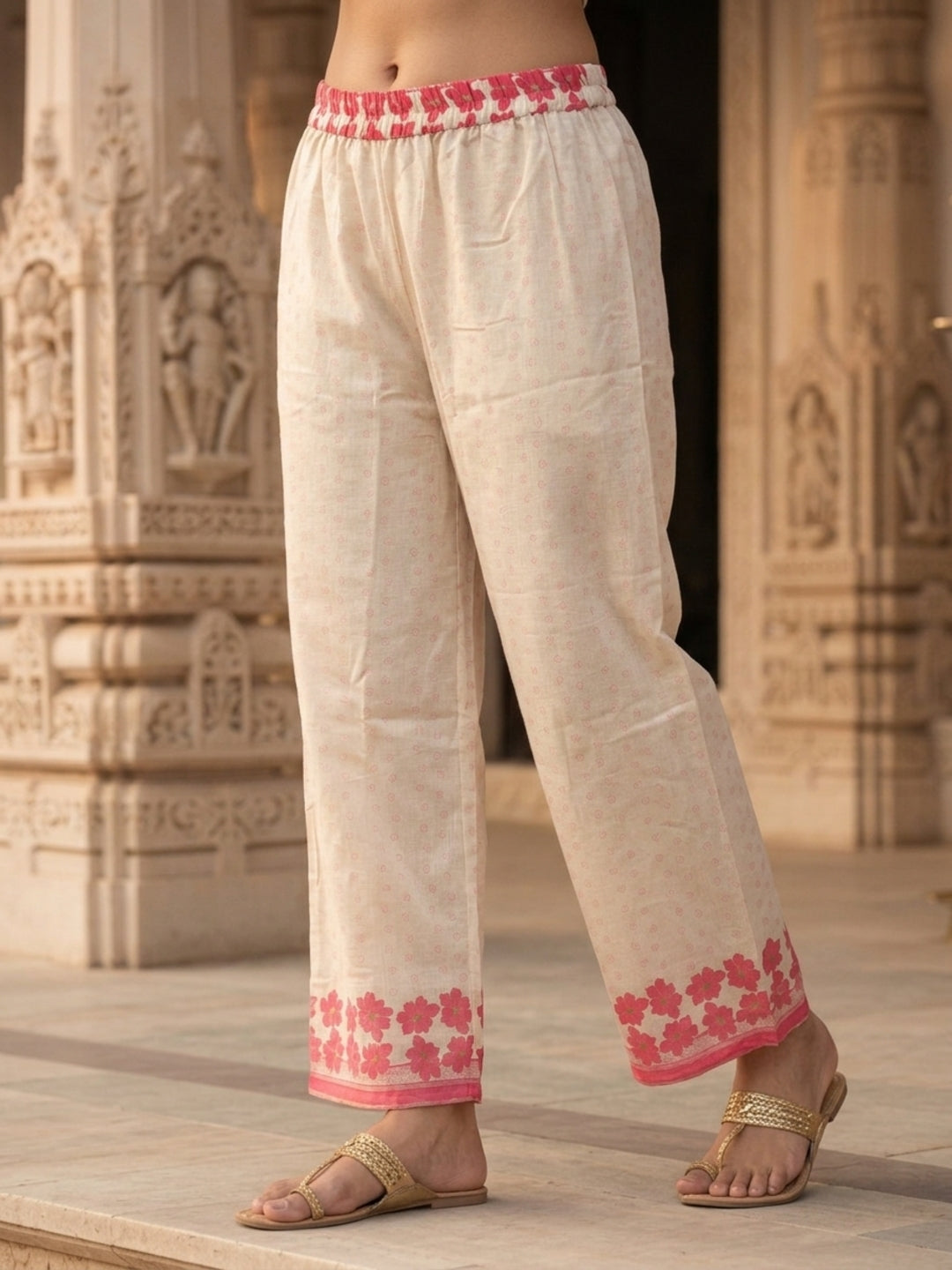 Floral Printed & Sequin Work Straight Kurta with Pant & Dupatta - Cream