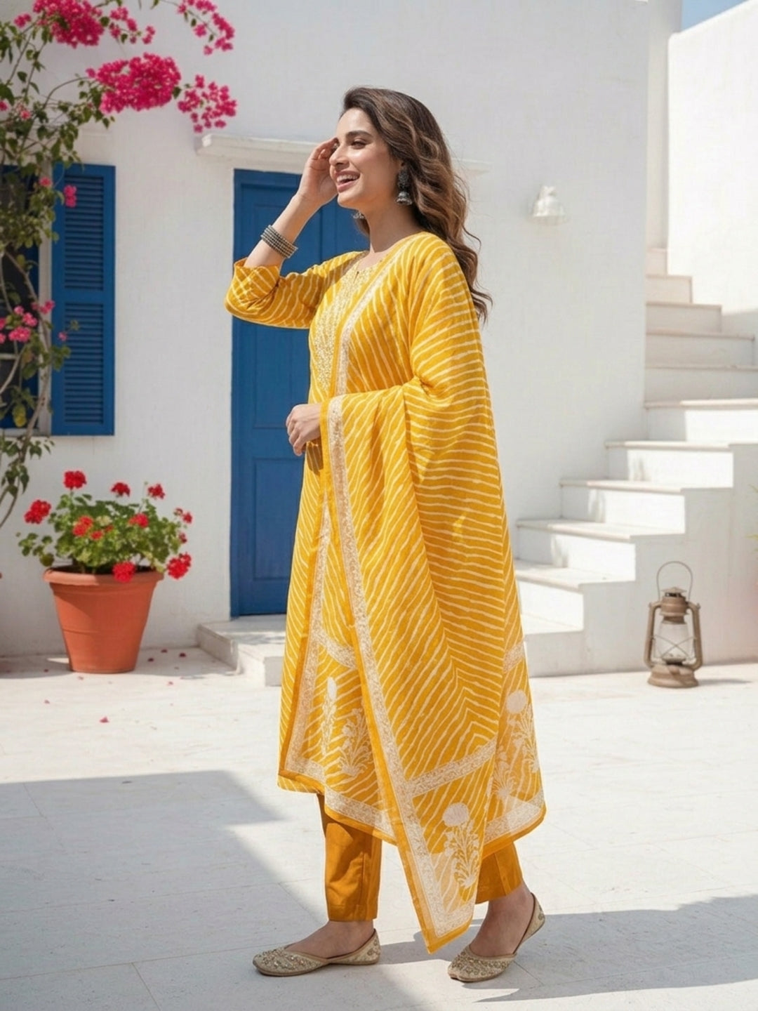Leheriya Printed & Embroidered Straight Kurta with Pant & Dupatta - Mustard Yellow