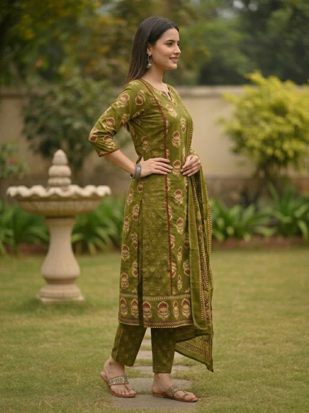 Ethnic Printed Anarkali Kurta with Pant & Dupatta - Green