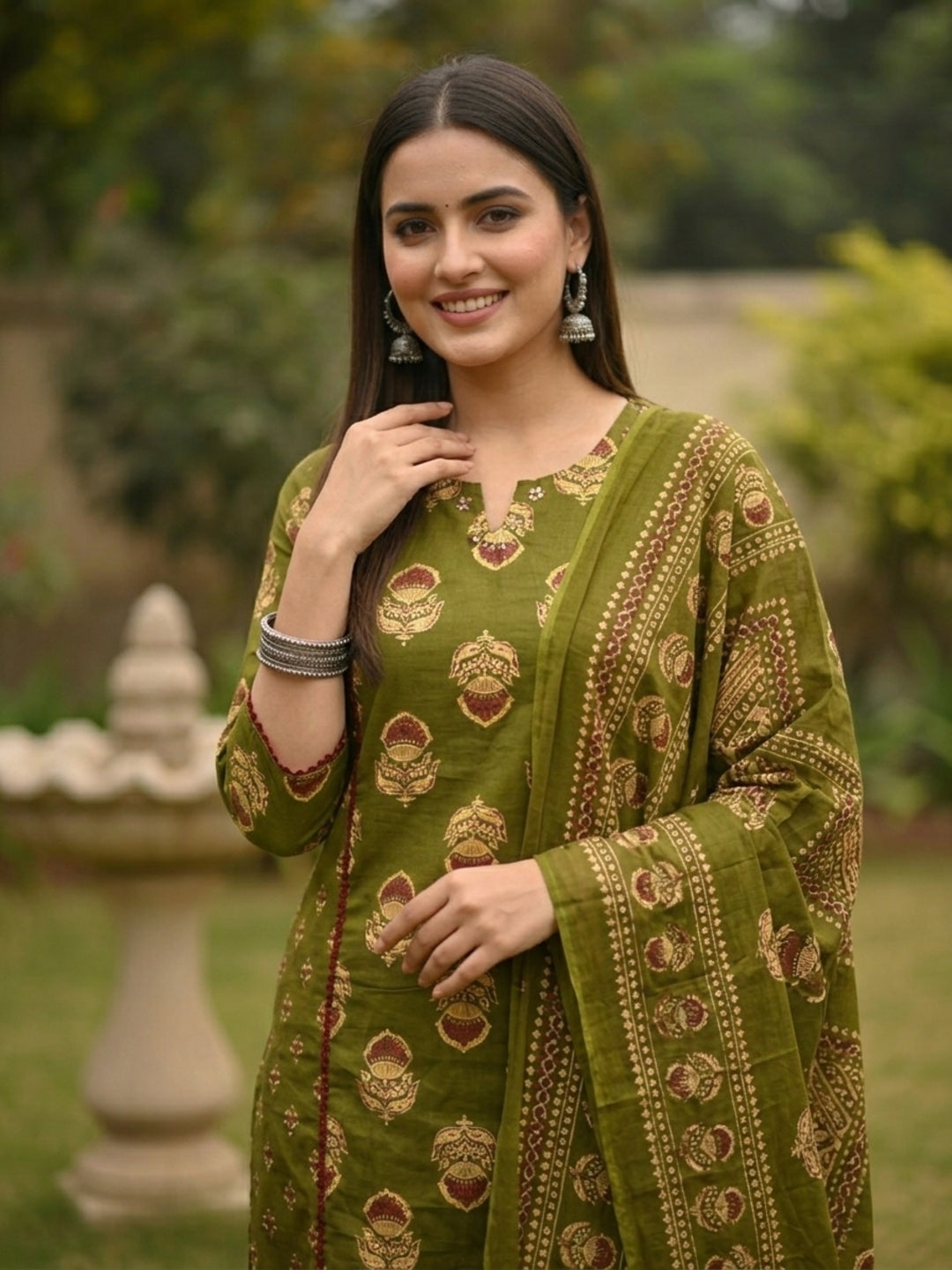 Ethnic Printed Anarkali Kurta with Pant & Dupatta - Green