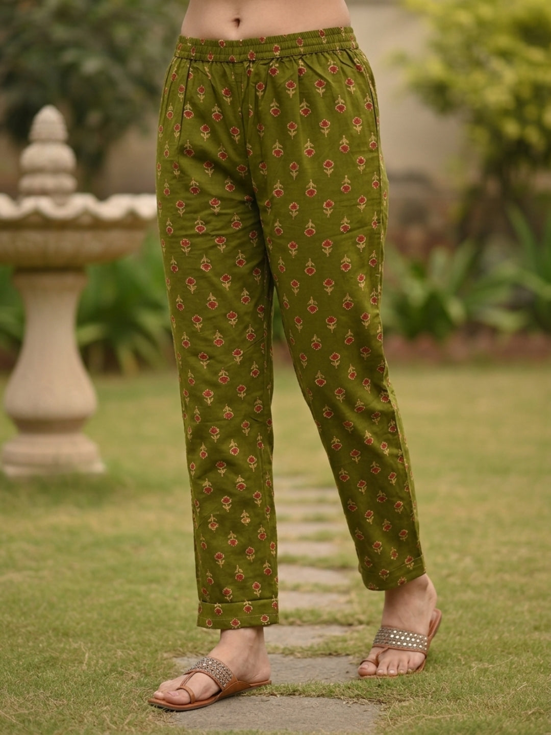 Ethnic Printed Anarkali Kurta with Pant & Dupatta - Green