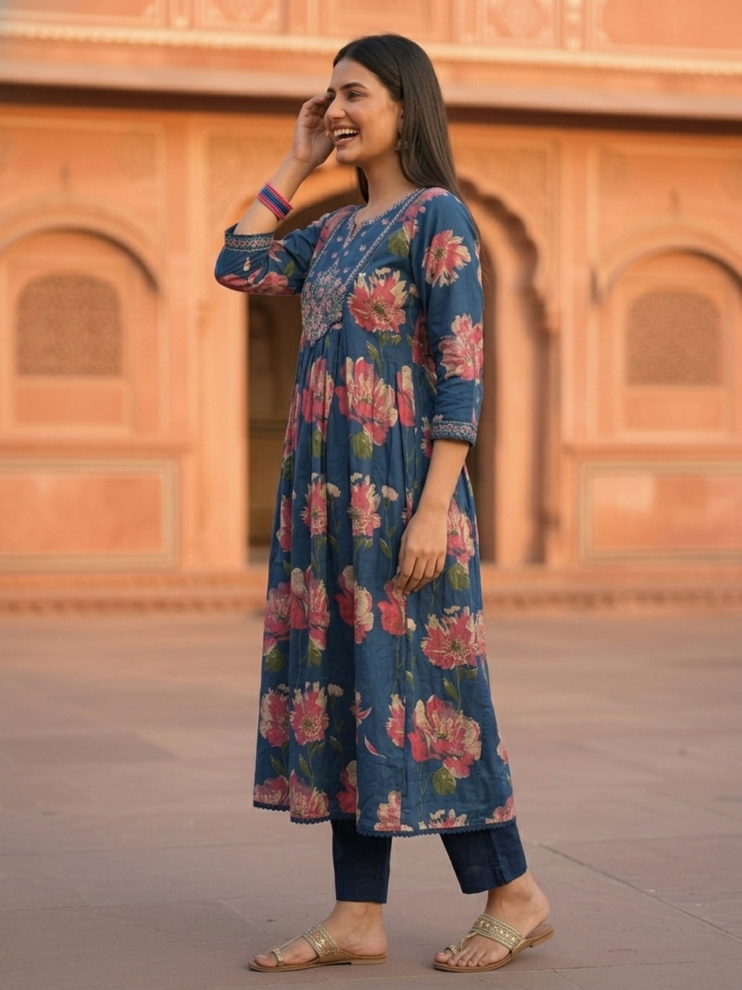 Floral Printed & Embroidered Anarkali Kurta with Pant & Dupatta - Blue