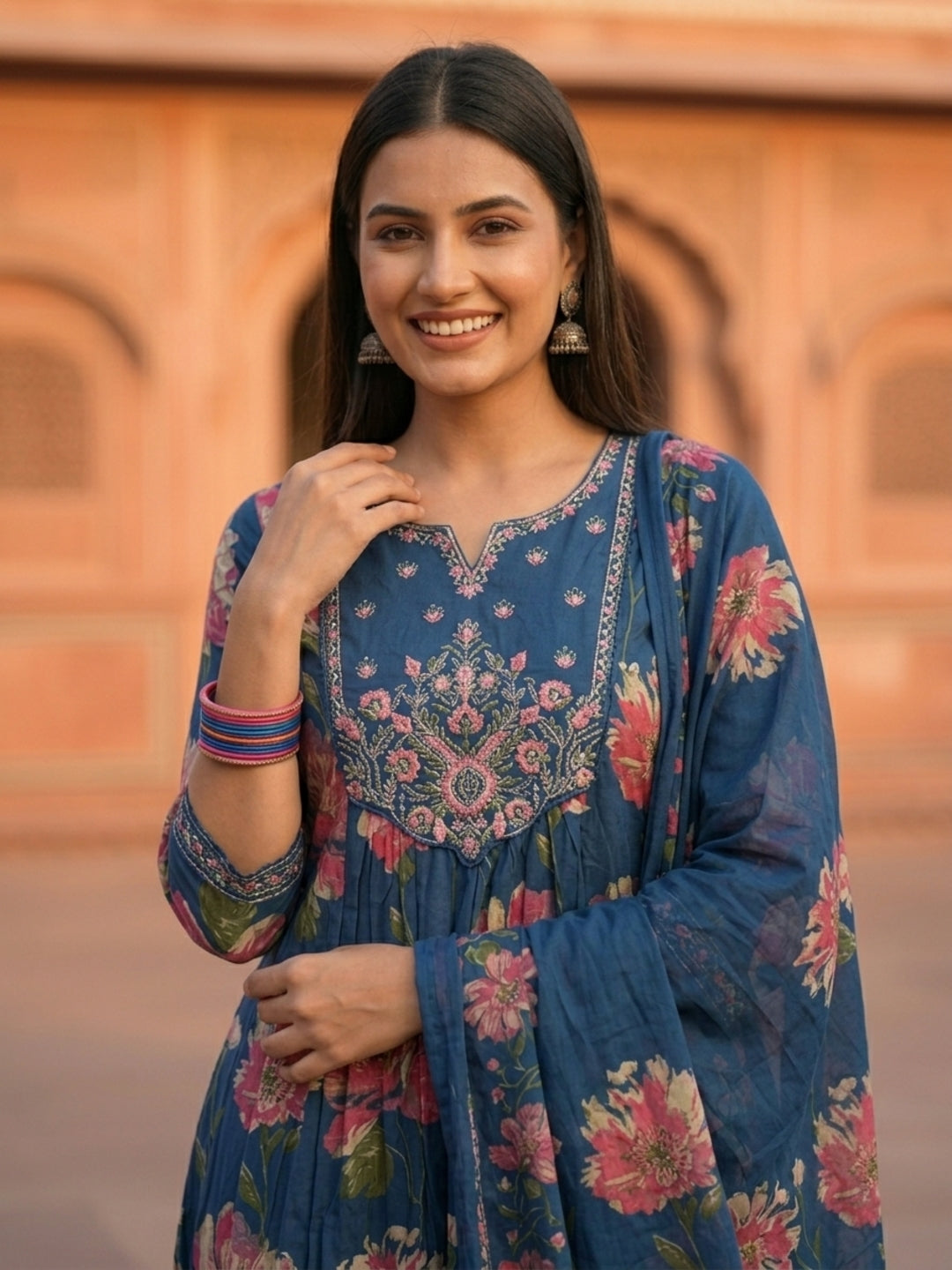 Floral Printed & Embroidered Anarkali Kurta with Pant & Dupatta - Blue