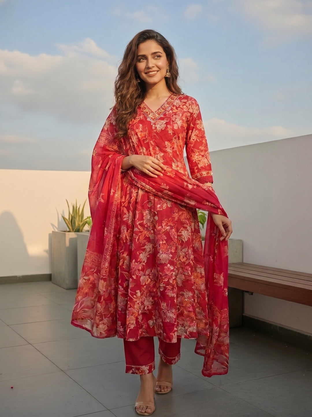 Floral Printed & Embroidered Anarkali Kurta with Pant & Dupatta - Red