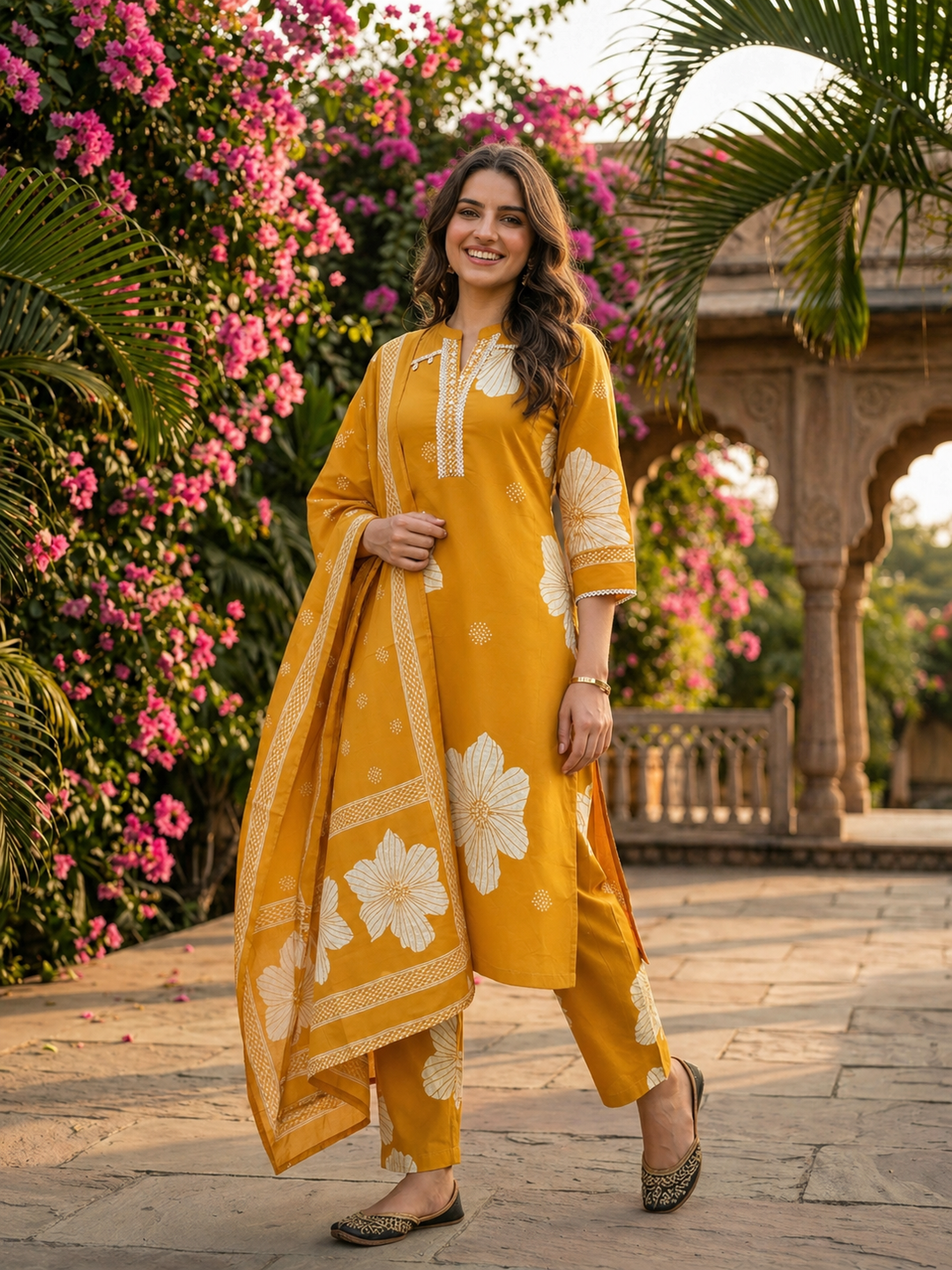 Abstract Floral Printed & Mirror Work Straight Kurta with Pant & Dupatta - Mustard