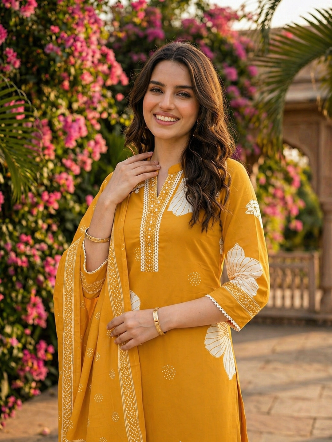 Abstract Floral Printed & Mirror Work Straight Kurta with Pant & Dupatta - Mustard