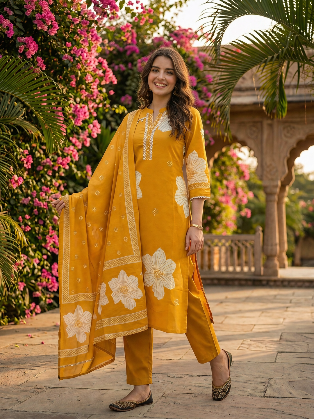 Abstract Floral Printed & Mirror Work Straight Kurta with Pant & Dupatta - Mustard